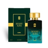 Soghaat Desert Aura Eau de Parfum 100ml bottle with a gradient teal and dark green finish, gold cap, and matching dark green box.