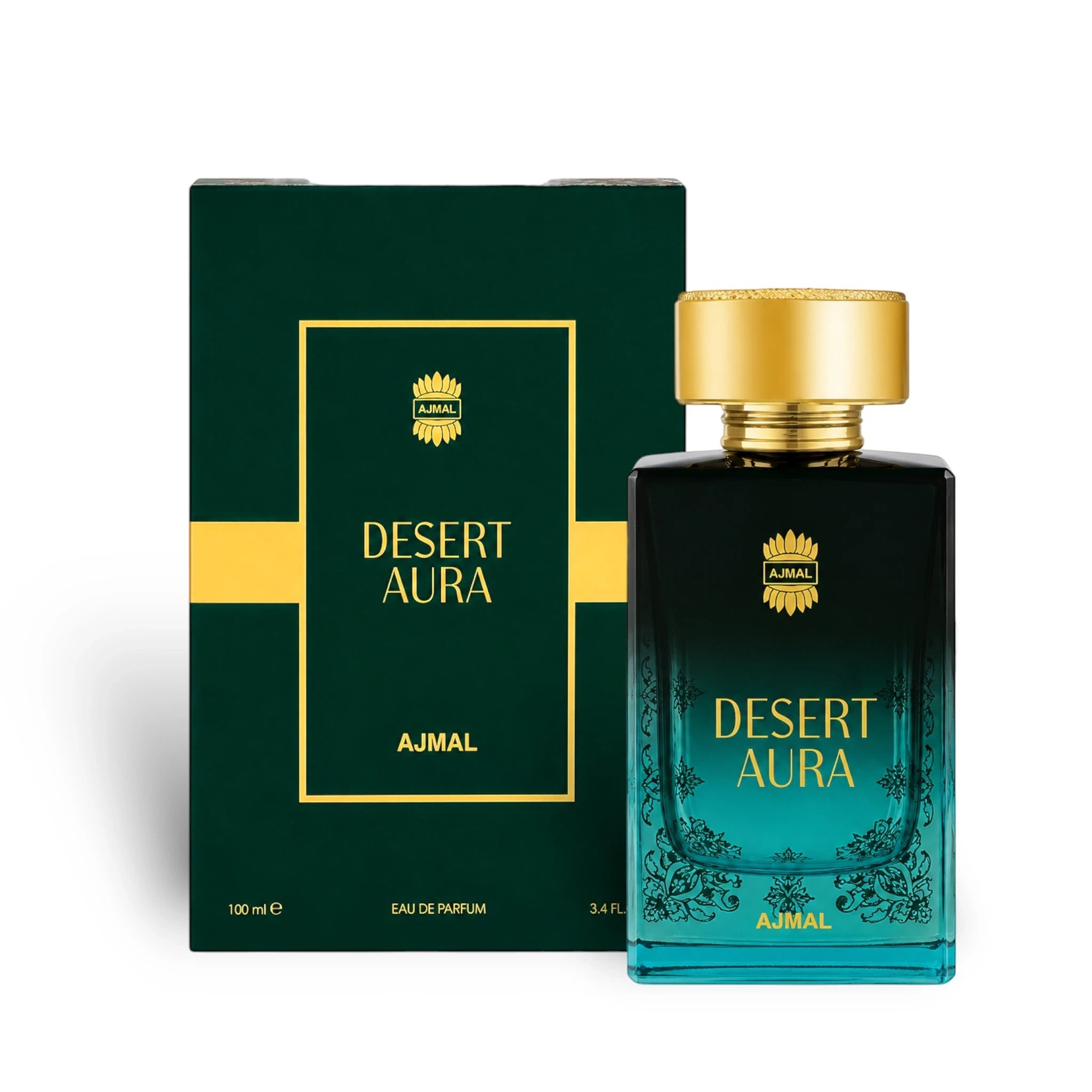 Soghaat Desert Aura Eau de Parfum 100ml bottle with a gradient teal and dark green finish, gold cap, and matching dark green box.