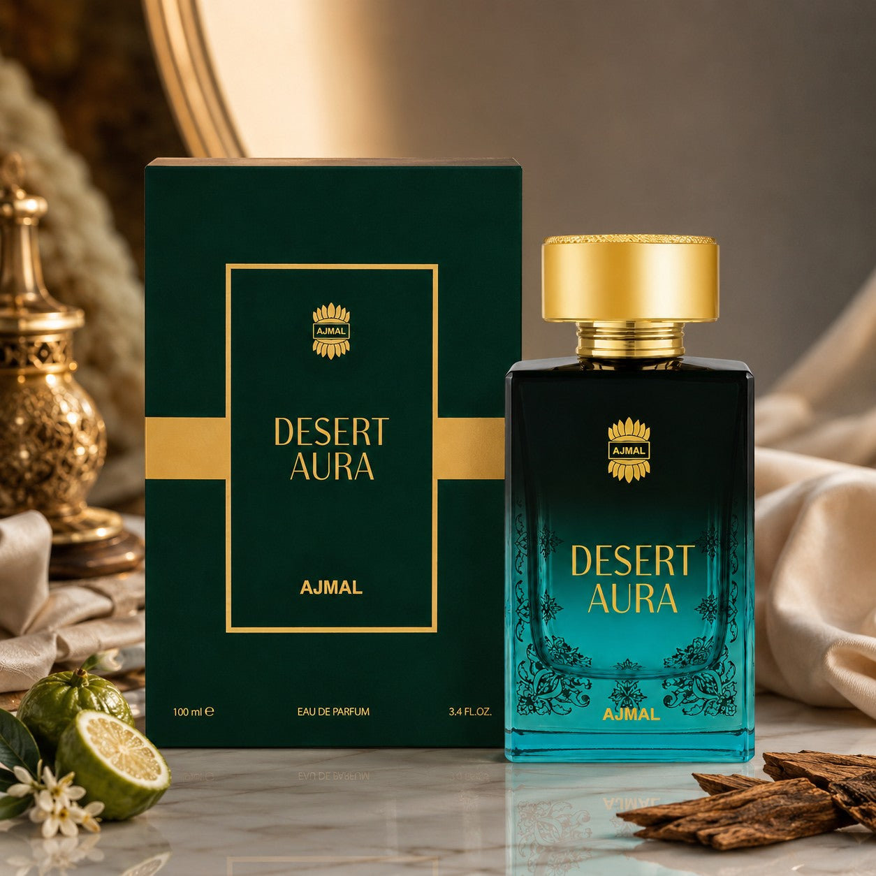 Soghaat Desert Aura Eau de Parfum 100ml, a fresh woody aromatic unisex fragrance with citrus and musk notes.