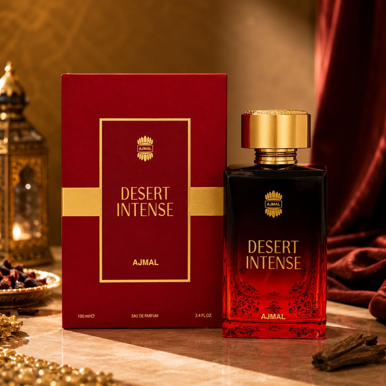 Soghaat Desert Intense Eau de Parfum for men, a sweet amber gourmand fragrance in a red and gold bottle.