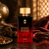 Soghaat Desert Intense Eau de Parfum for men, a sweet amber gourmand fragrance in a black and red gradient bottle with a gold cap.