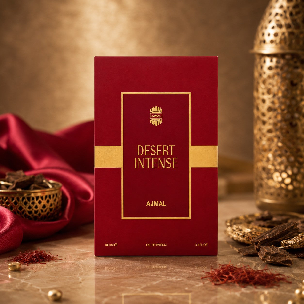 Soghaat Desert Intense 100ml Eau de Parfum for men, a sweet amber gourmand fragrance with pink pepper, toffee, and vanilla notes.