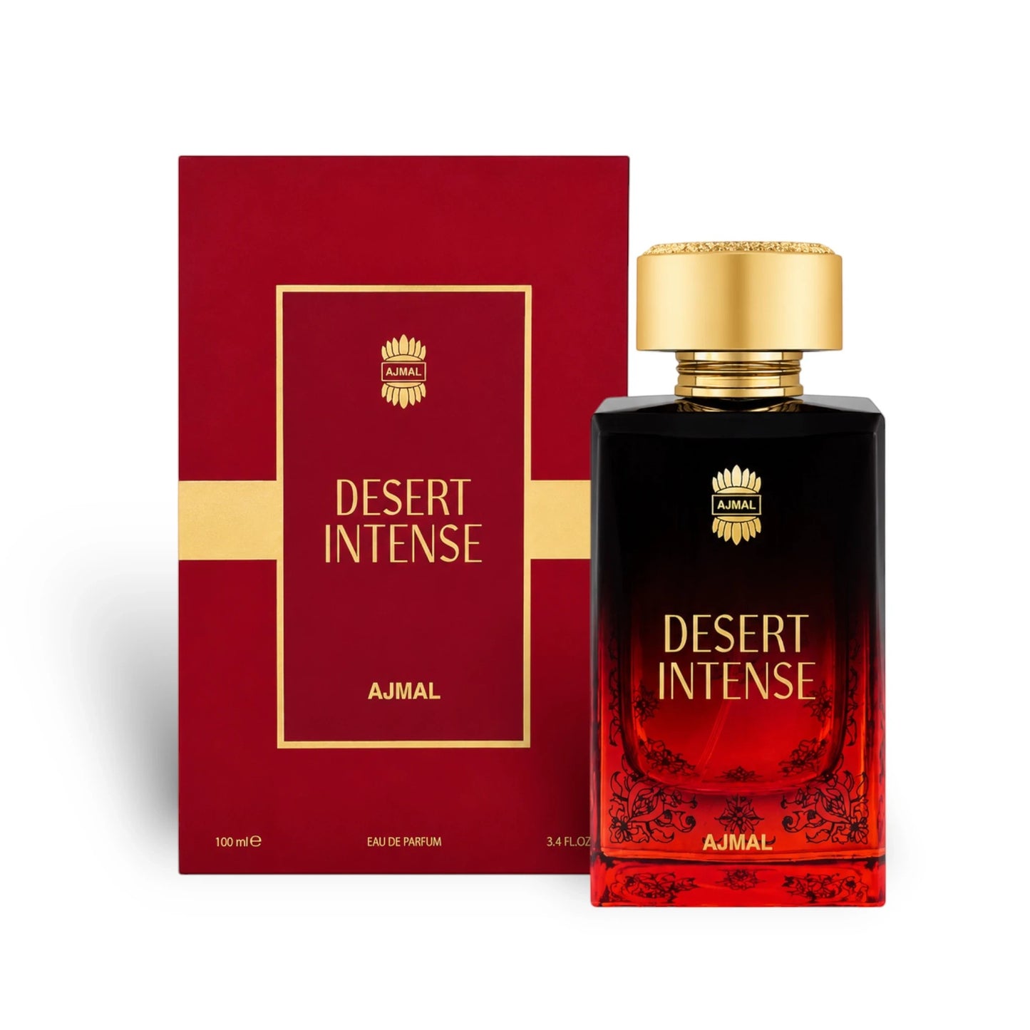 Soghaat Desert Intense Eau de Parfum for men, a sweet amber gourmand fragrance with a red and black bottle and box.