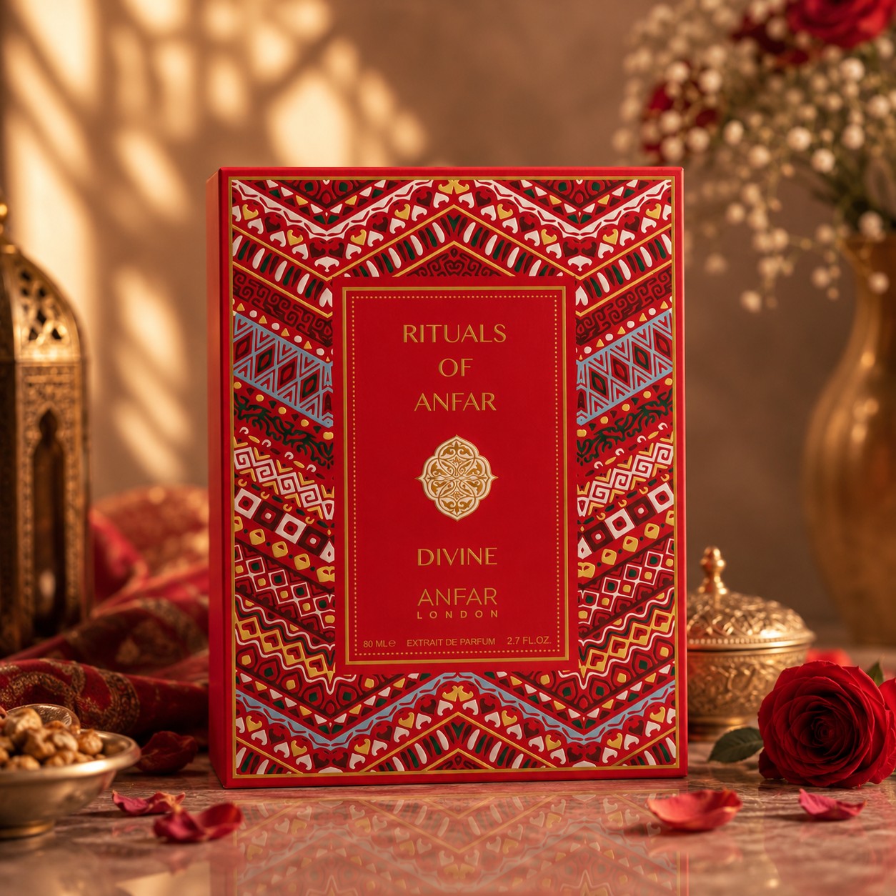 Soghaat Divine by Anfar London 80ml Extrait de Parfum in a decorative red box with intricate Arabian-style patterns.