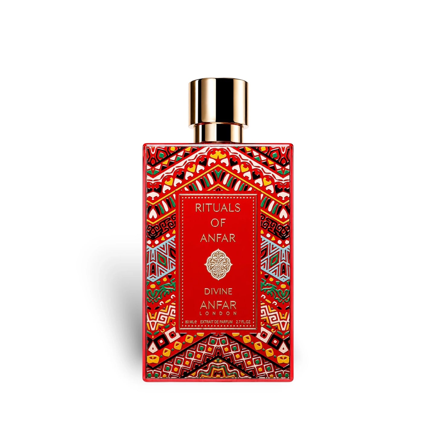 Soghaat Divine by Anfar London 80ml Extrait de Parfum in a rectangular red bottle with intricate geometric patterns.