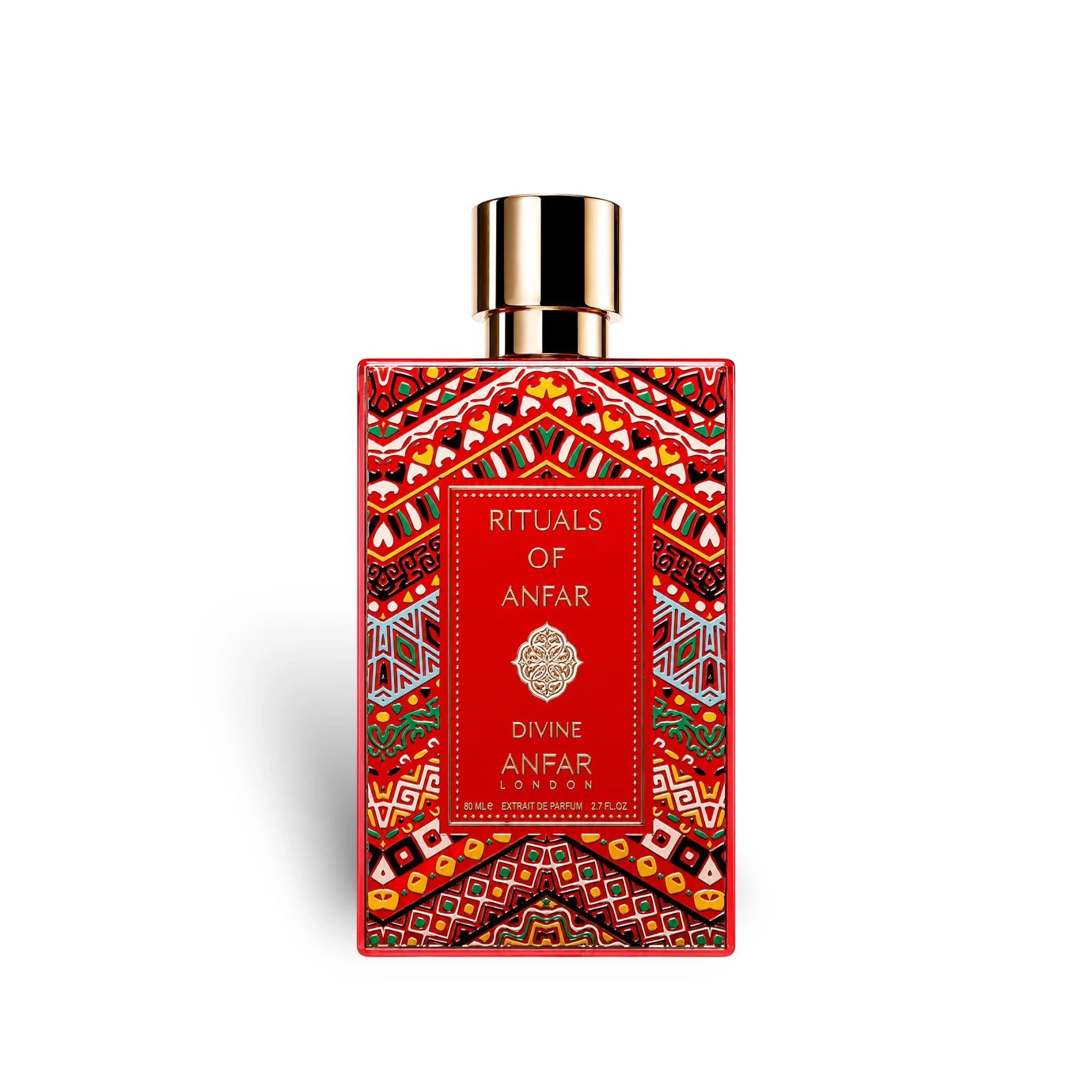 Soghaat Divine by Anfar London 80ml Extrait de Parfum in a rectangular red bottle with intricate geometric patterns.