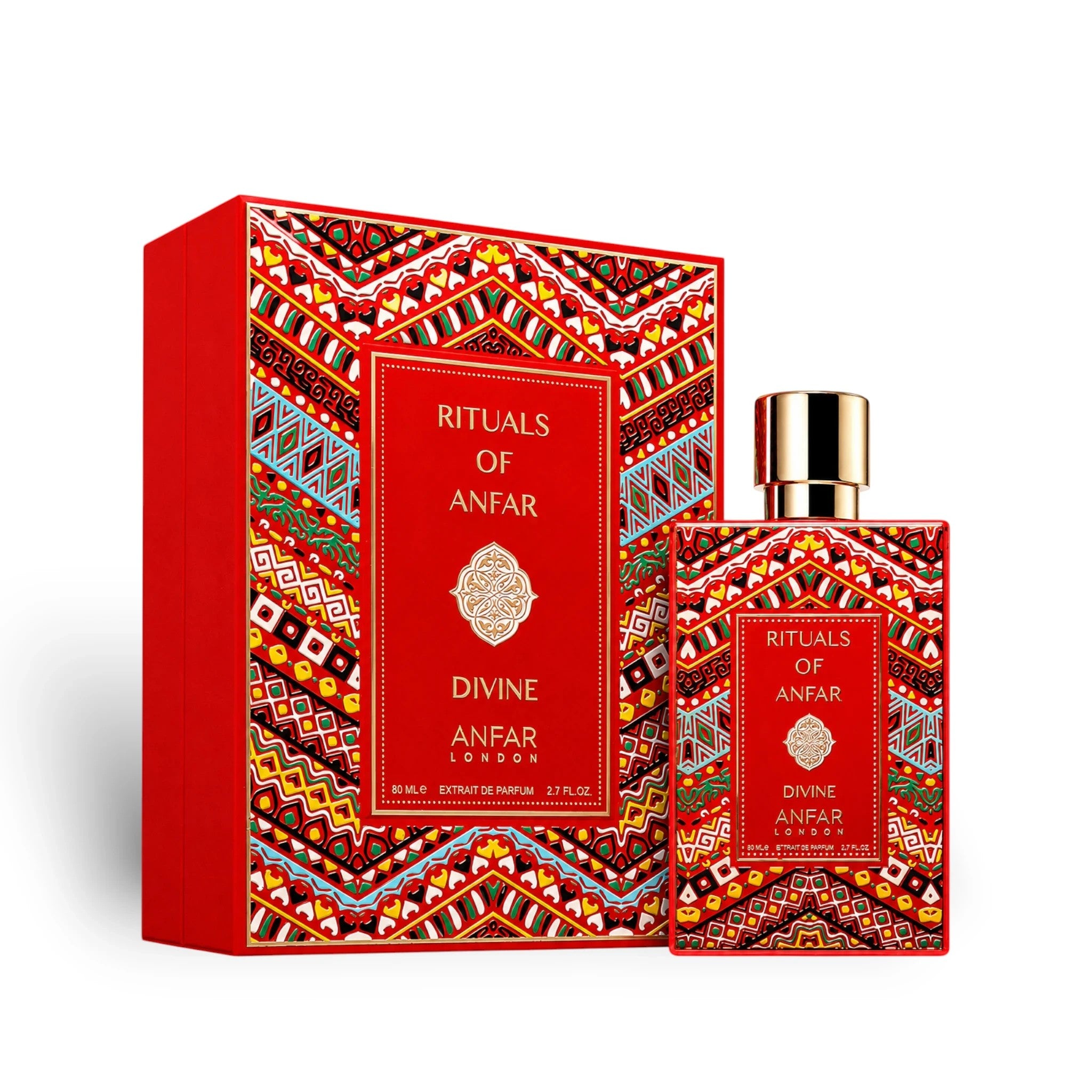 Soghaat Divine by Anfar London 80ml Extrait de Parfum bottle and decorative red gift box with intricate patterns.
