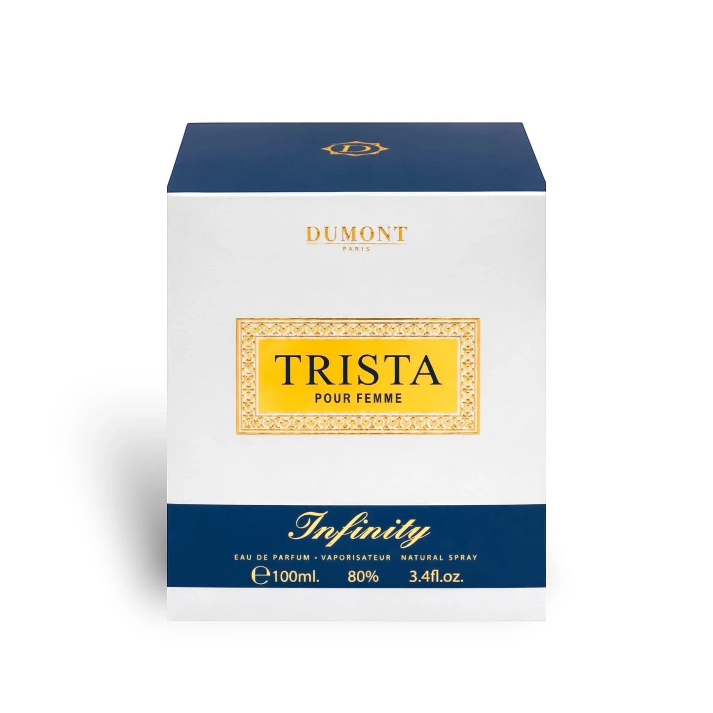 Soghaat Dumont Paris Trista Infinity Eau de Parfum 100ml box in white and navy blue with gold accents