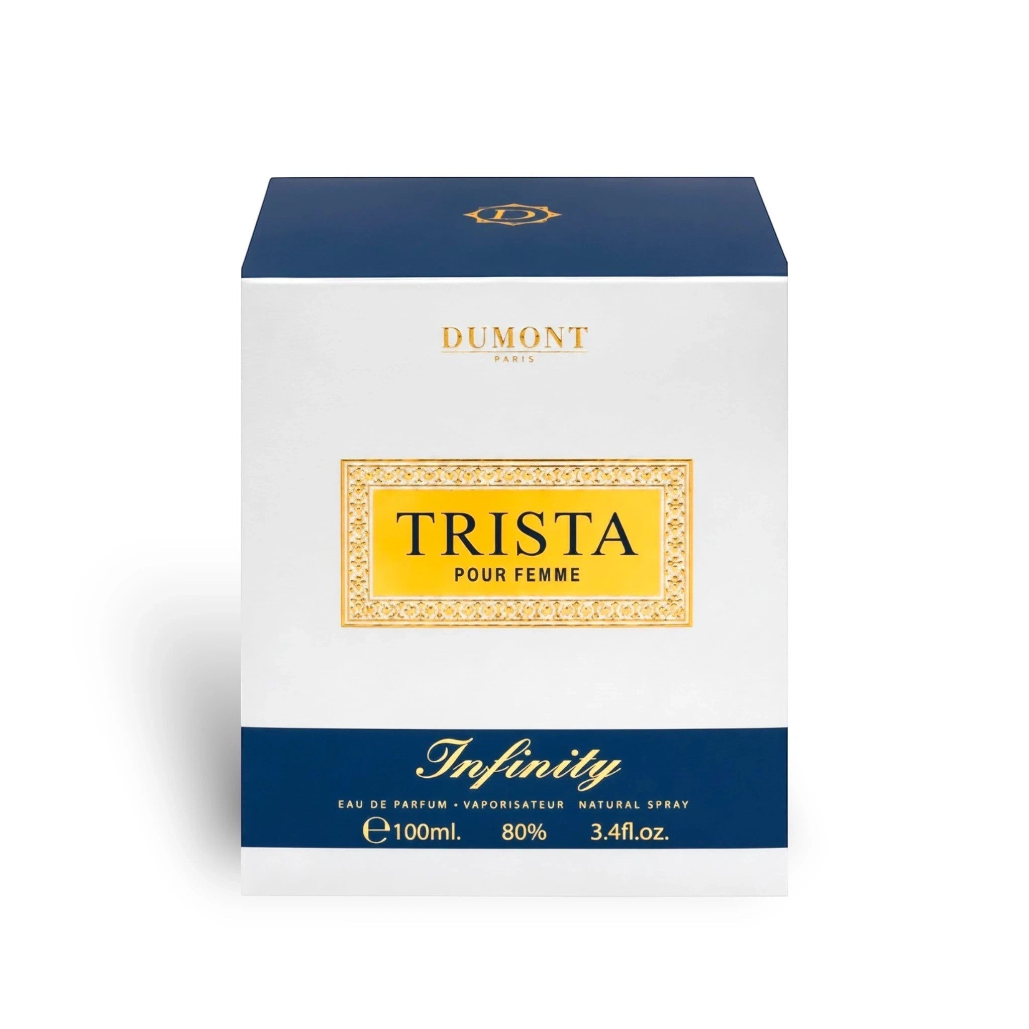 Soghaat Dumont Paris Trista Infinity Eau de Parfum 100ml box in white and navy blue with gold accents
