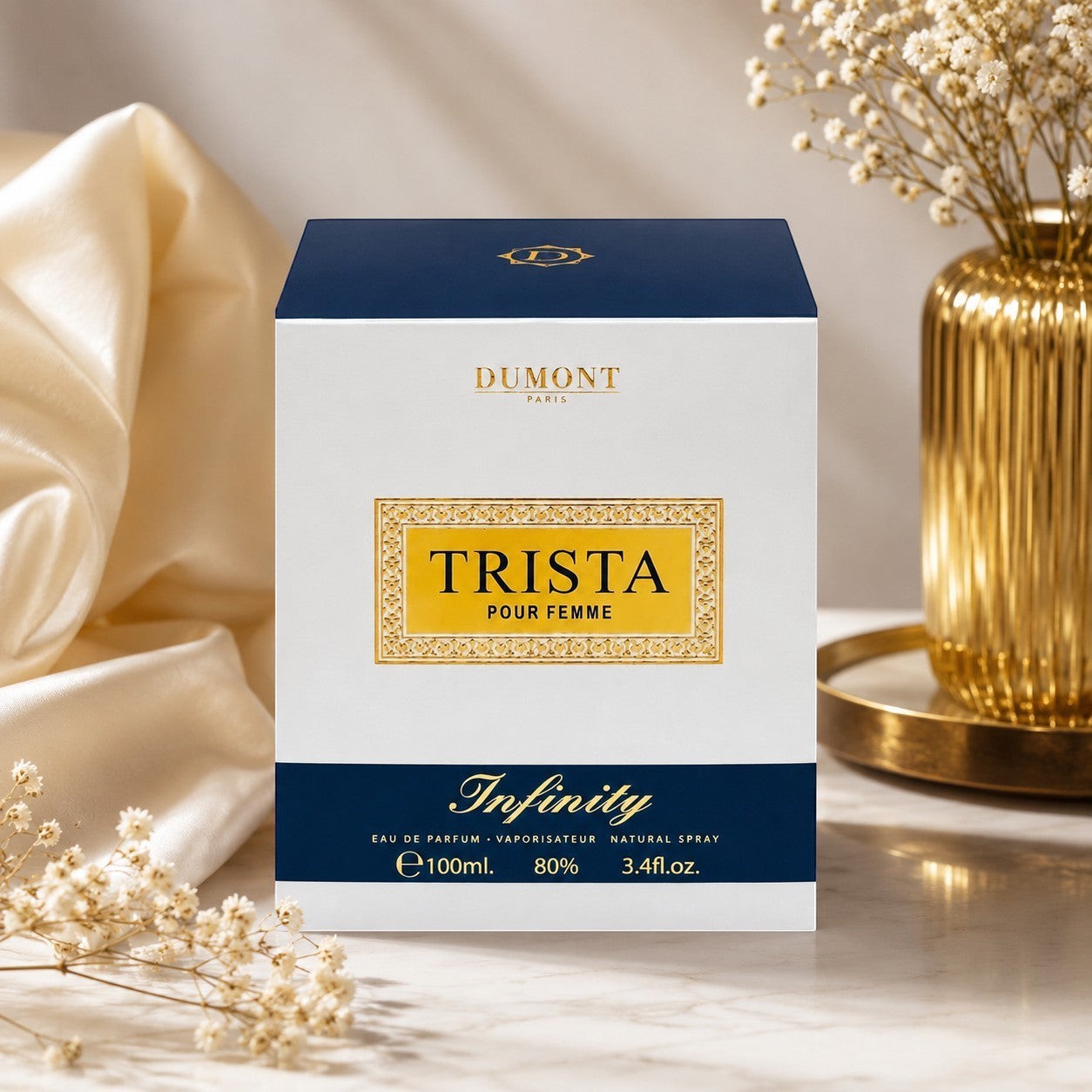 Soghaat Dumont Paris Trista Infinity Eau de Parfum 100ml bottle in a white and navy box on a marble surface.