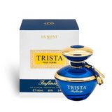 Soghaat Dumont Paris Trista Infinity Eau de Parfum 100ml bottle with blue glass and gold accents in front of its box