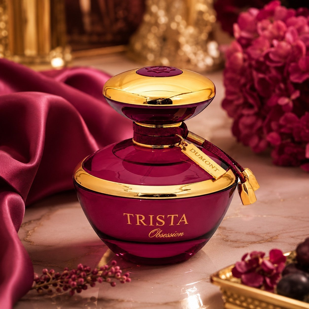 Soghaat Dumont Paris Trista Obsession Eau de Parfum in a deep magenta glass bottle with gold accents and a velvet collar.