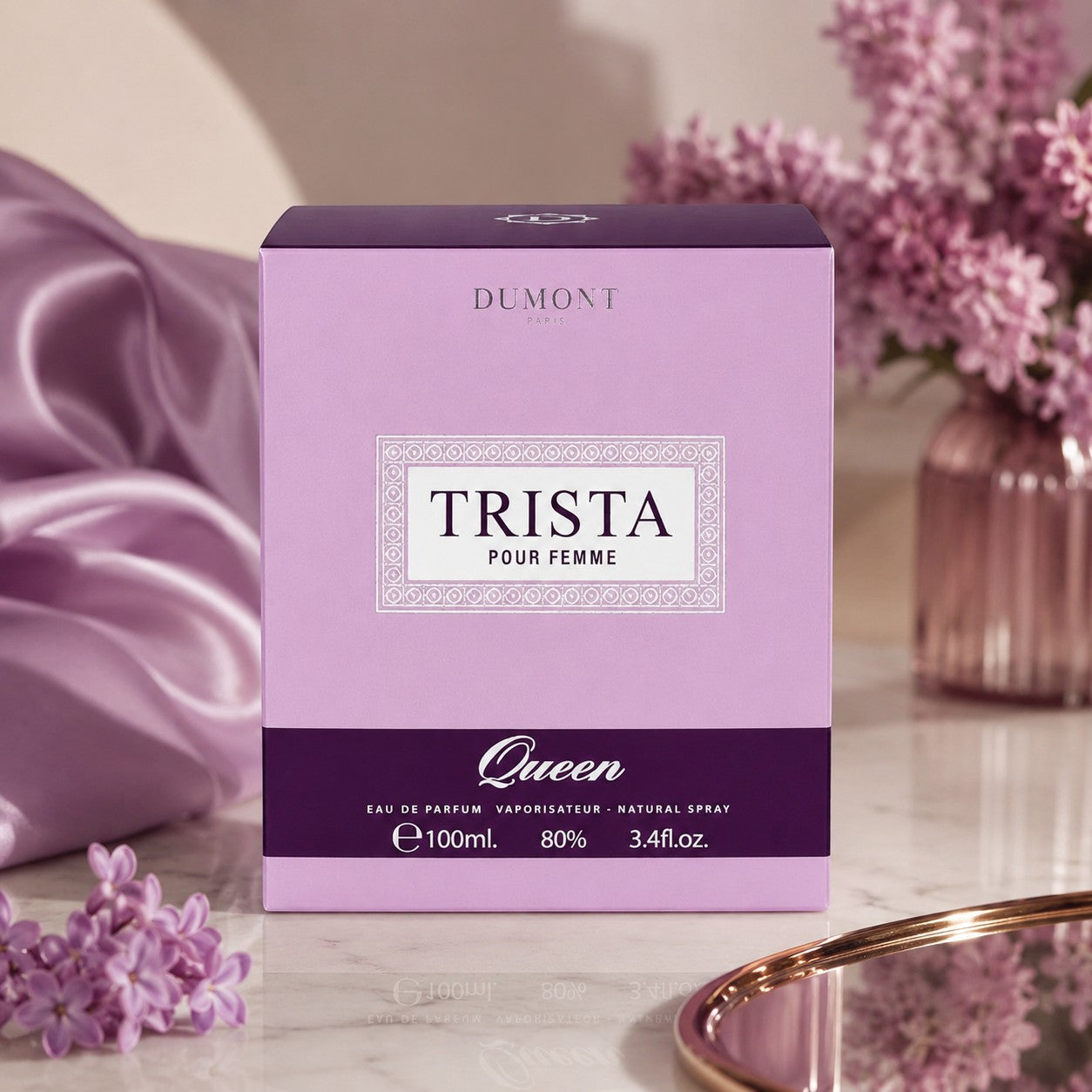 Soghaat Dumont Paris Trista Queen Eau de Parfum 100ml box in soft purple, displayed with lilac flowers and silk fabric.