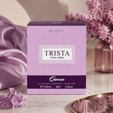 Soghaat Dumont Paris Trista Queen Eau de Parfum 100ml box in soft purple, displayed with lilac flowers and silk fabric.
