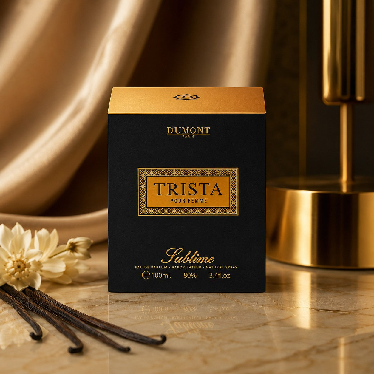 Soghaat Dumont Paris Trista Sublime 100ml Eau de Parfum box on a marble surface with vanilla beans and gold accents.