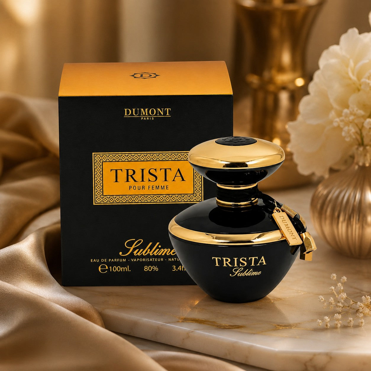 Soghaat Dumont Paris Trista Sublime 100ml Eau de Parfum bottle and black gold box on a marble surface with silk.