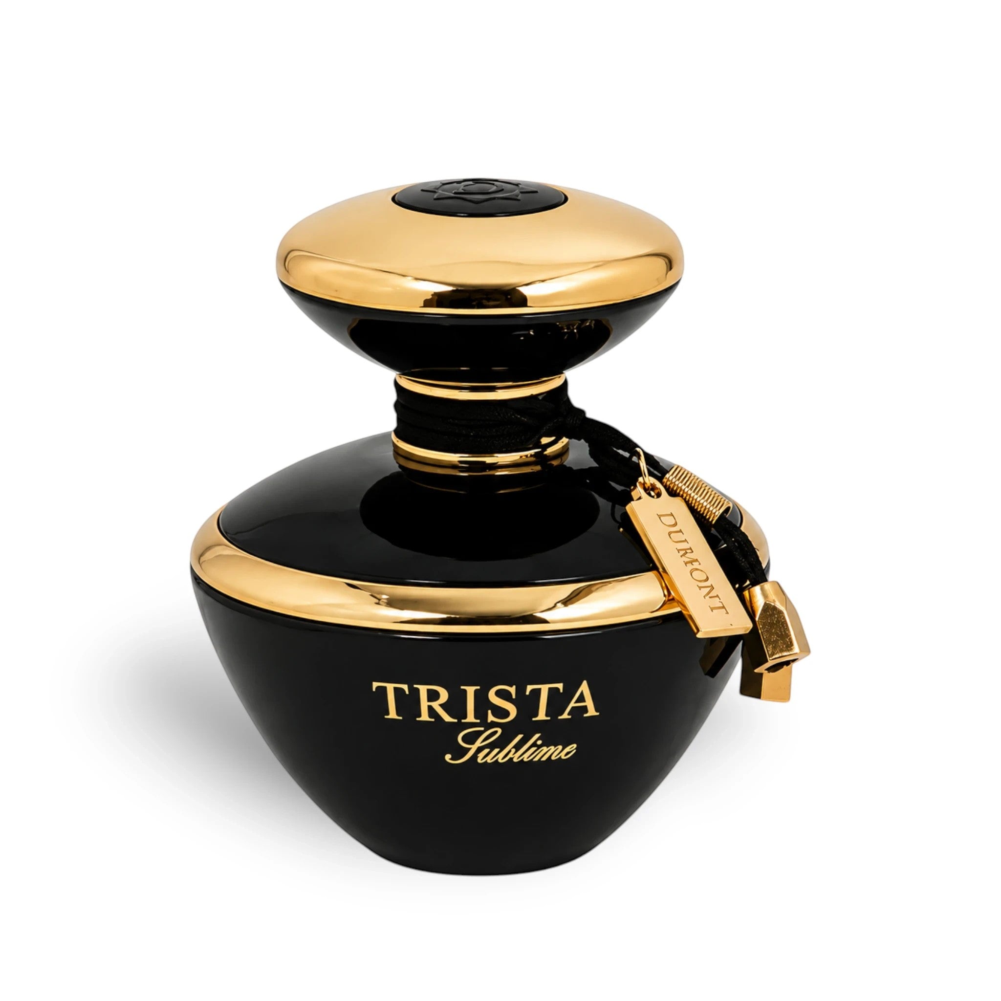 Soghaat Dumont Paris Trista Sublime Eau de Parfum in a sleek black and gold bottle with a decorative metal tag.