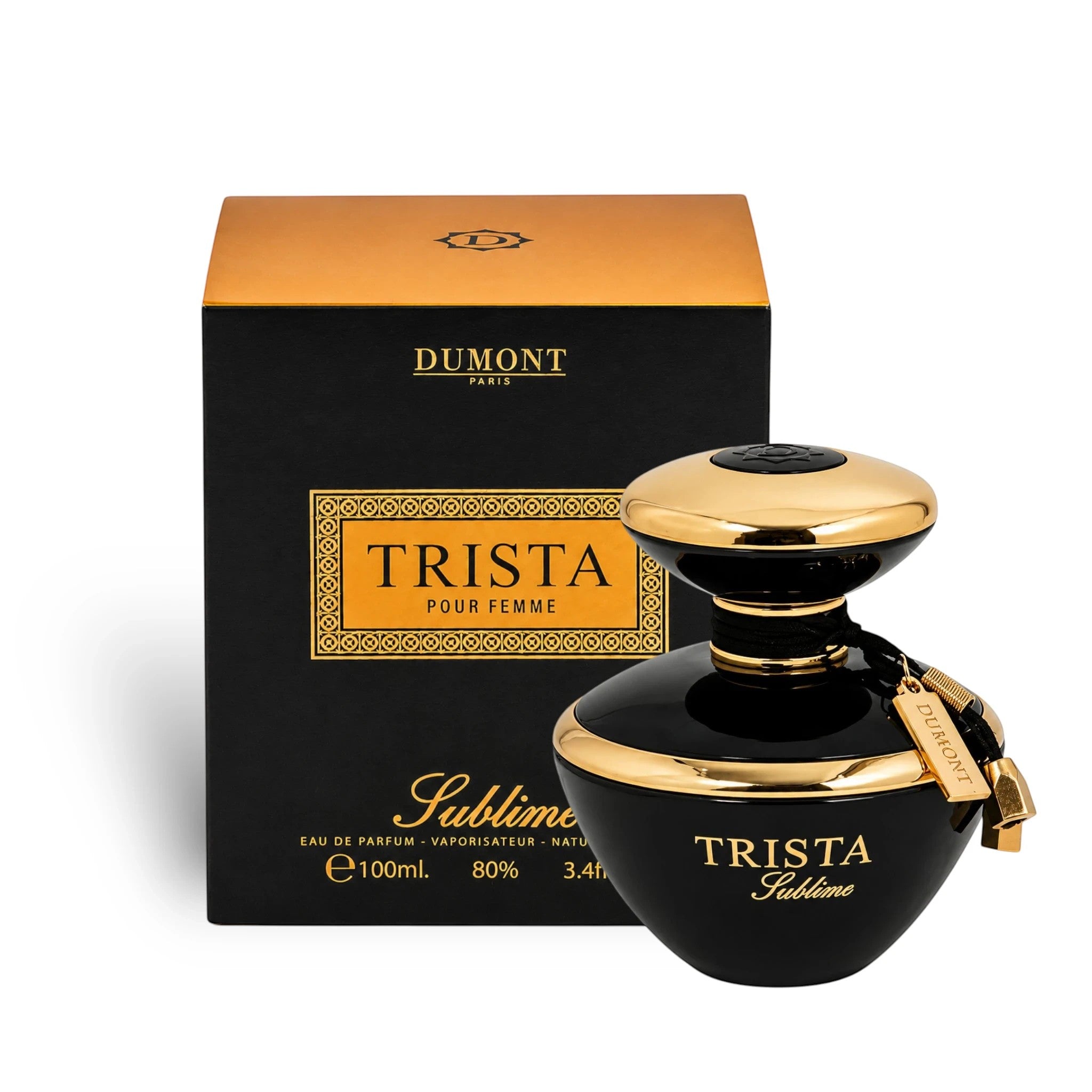 Soghaat Dumont Paris Trista Sublime 100ml Eau de Parfum bottle and black and gold box for women