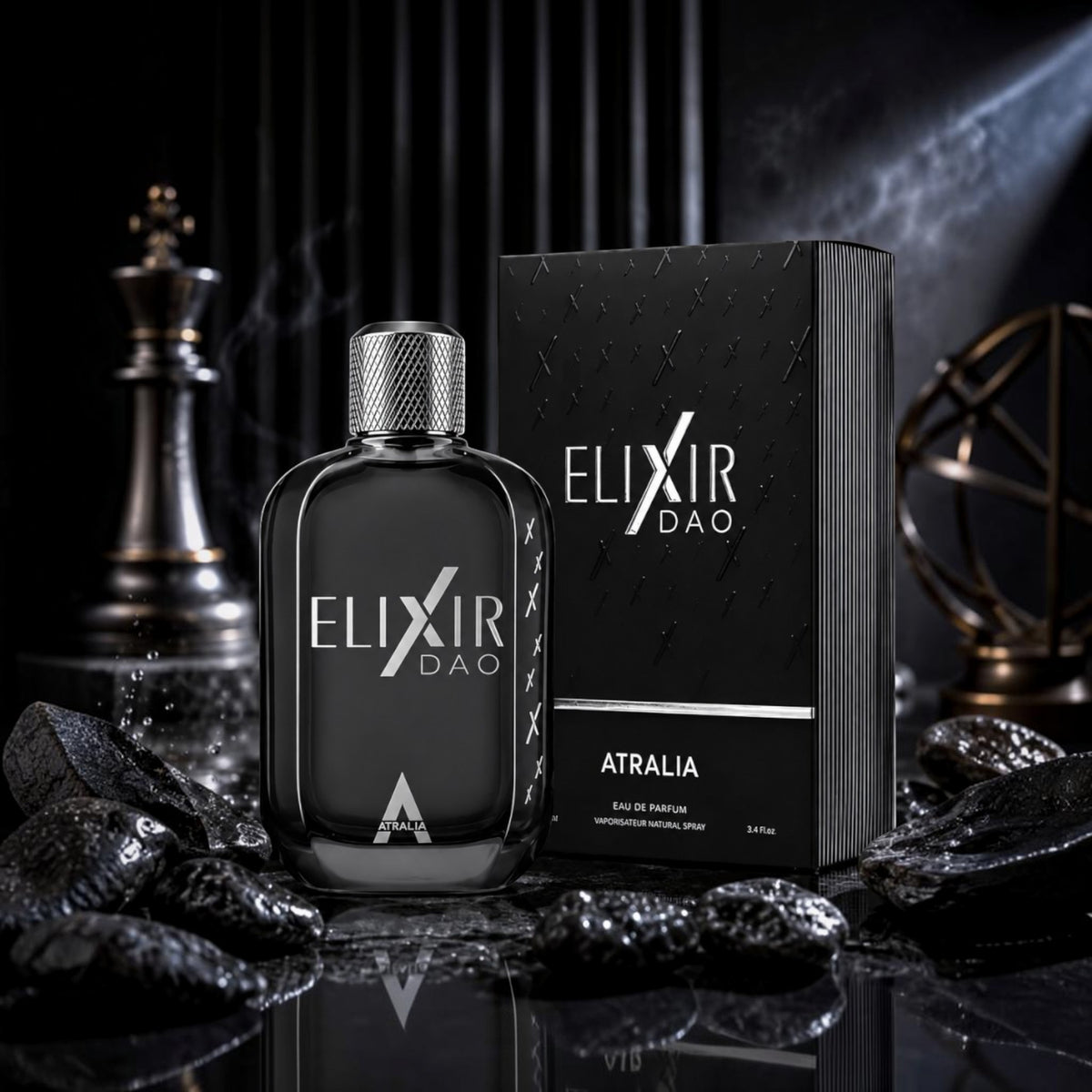Soghaat Elixir Dao by Atralia 100ml Eau de Parfum bottle and box on a dark, moody surface with chess-themed decor.