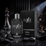 Soghaat Elixir Dao by Atralia 100ml Eau de Parfum bottle and box on a dark, moody surface with chess-themed decor.