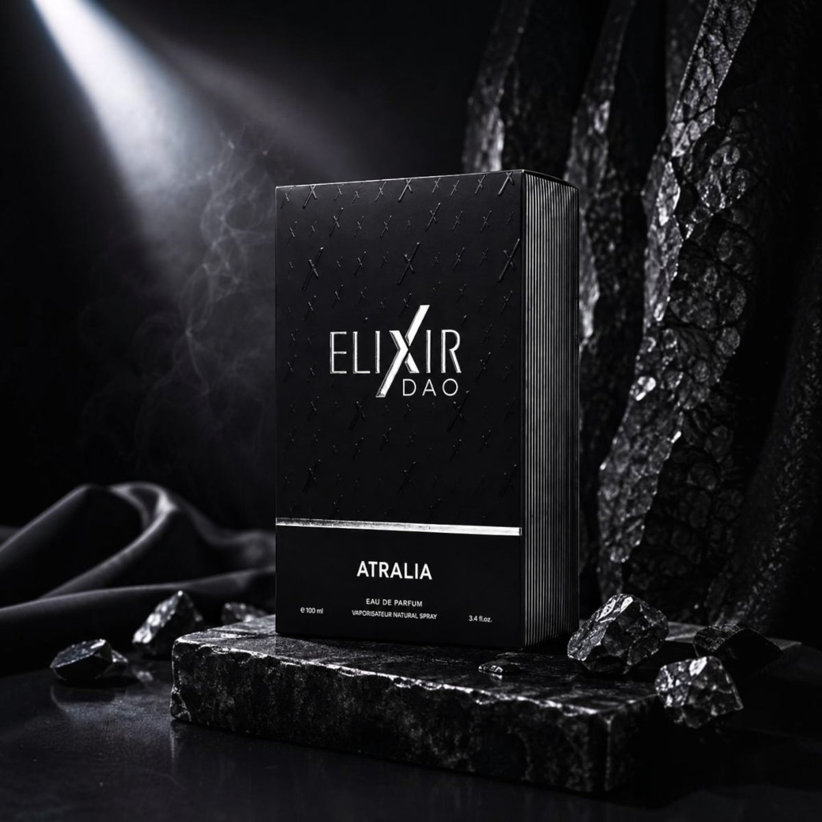 Soghaat Elixir Dao by Atralia 100ml Eau de Parfum in a sleek black box on a textured stone surface with dramatic light