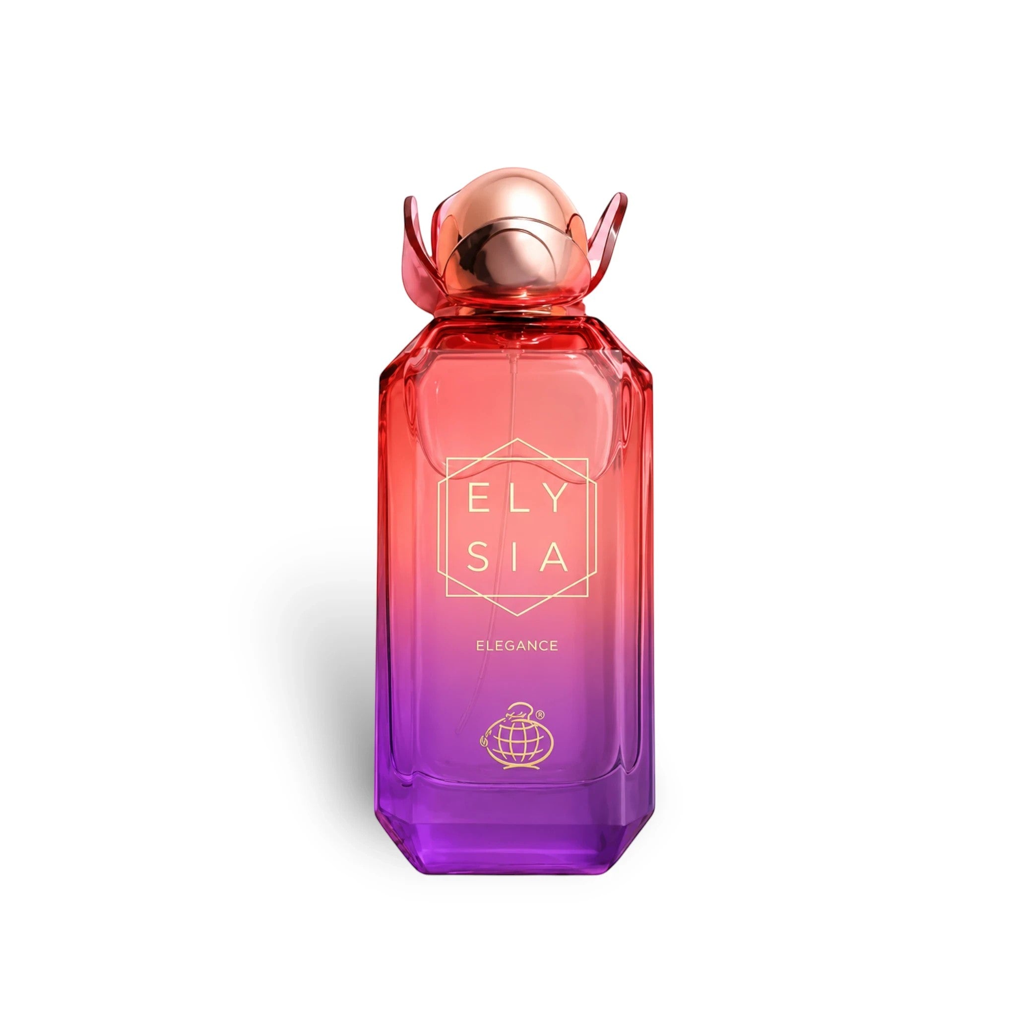 Soghaat Elysia Elegance 100ml Eau de Parfum bottle with a red to purple gradient glass and floral-shaped cap.