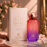 Soghaat Elysia Elegance 100ml Eau de Parfum bottle with a pink and purple gradient next to its textured gift box.