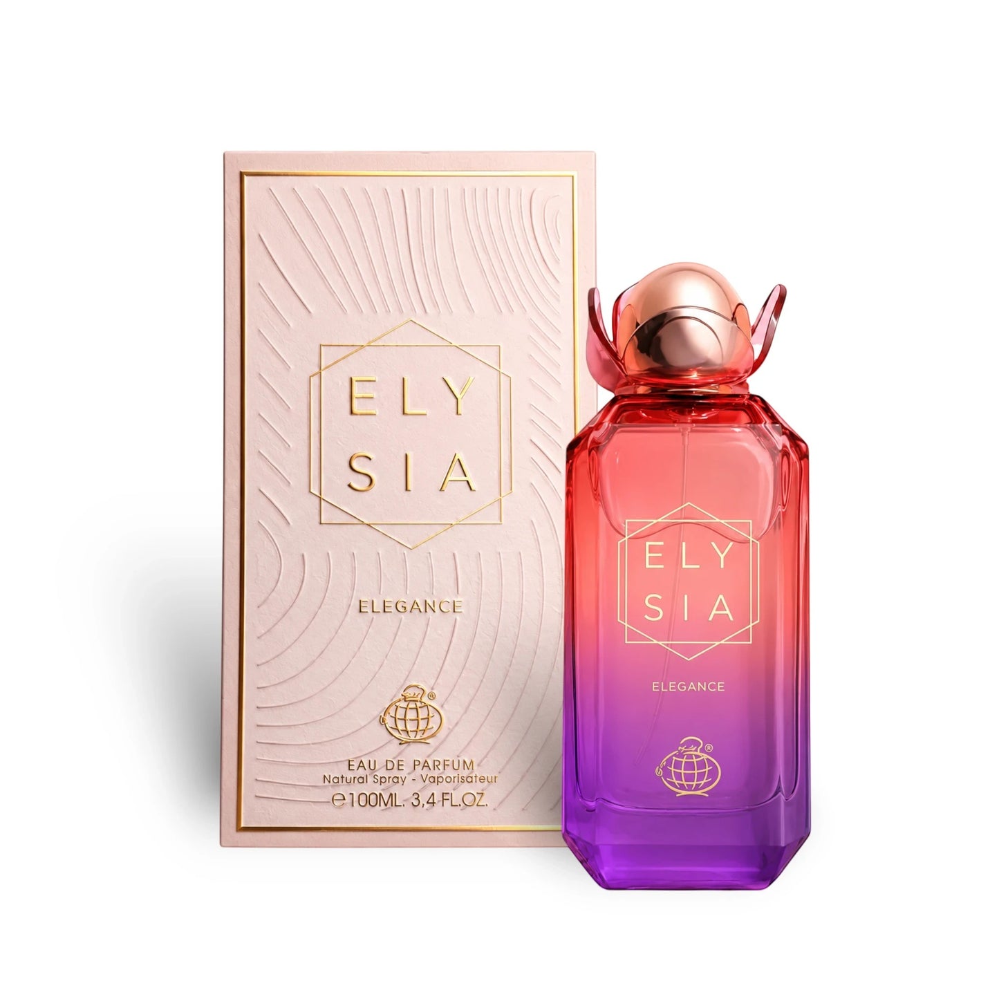 Soghaat Elysia Elegance 100ml Eau de Parfum bottle with pink and purple gradient glass and matching textured box.