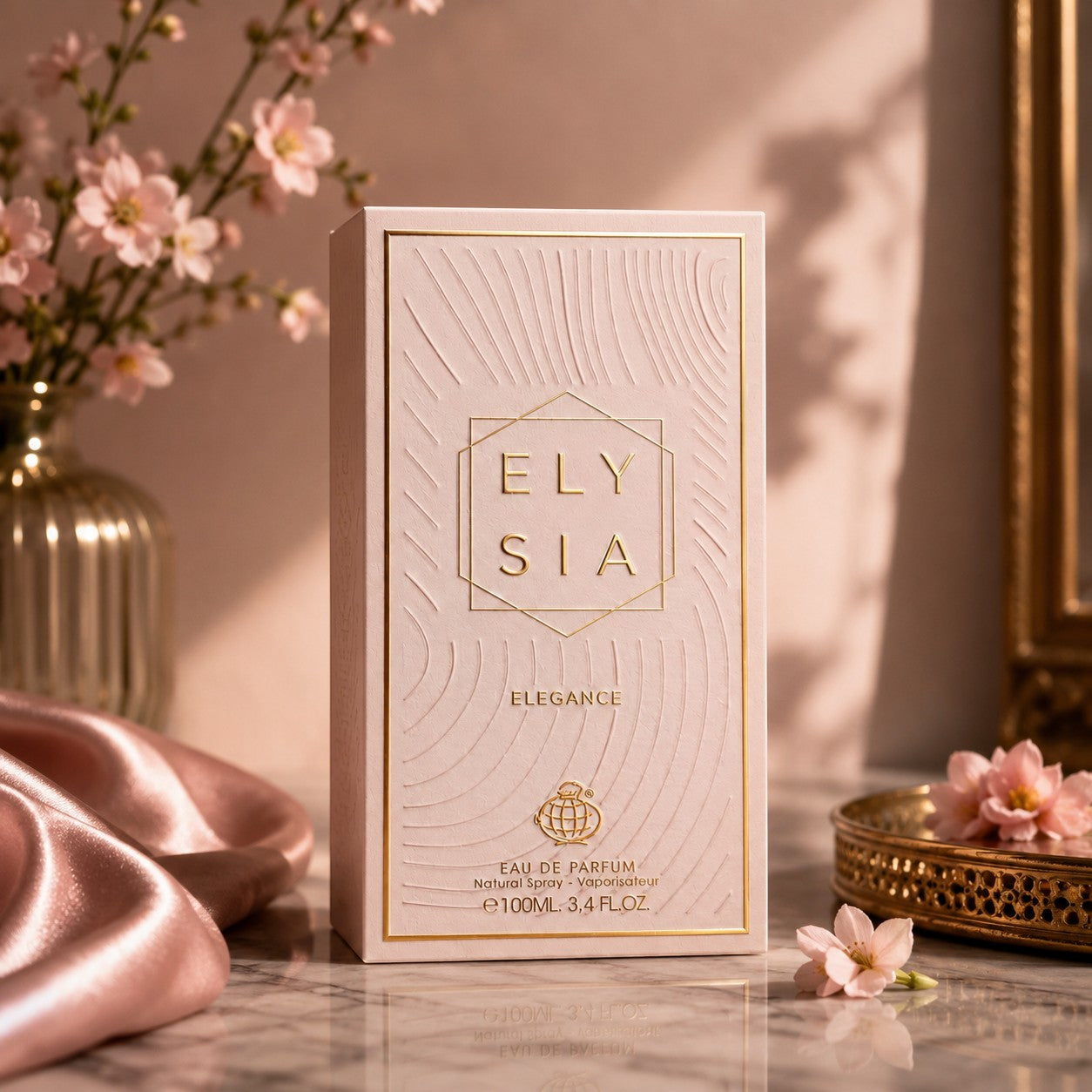 Soghaat Elysia Elegance 100ml Eau de Parfum bottle in a soft pink textured box with gold lettering on a marble surface.