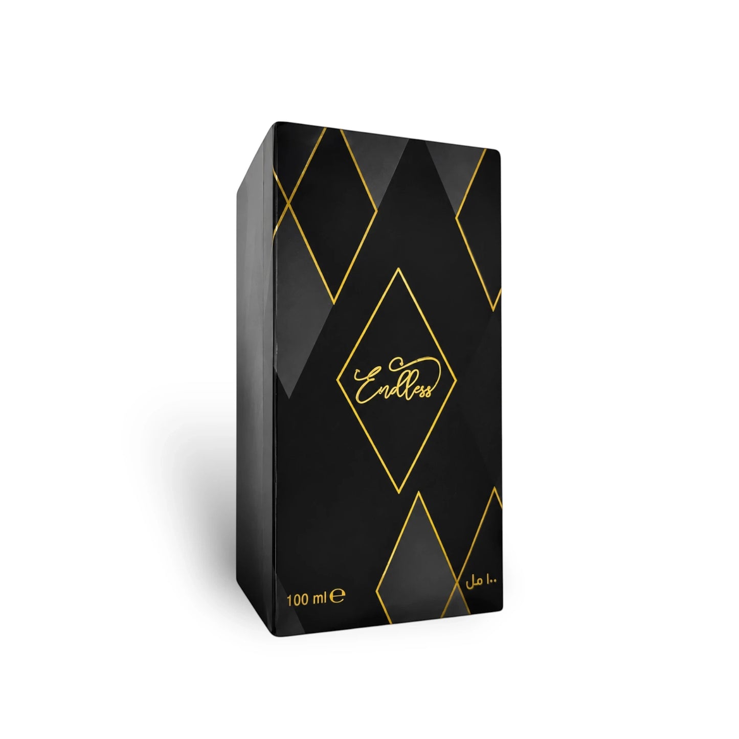 Soghaat Endless 100ml Eau de Parfum bottle with black and gold geometric design. Fresh woody aromatic fragrance.