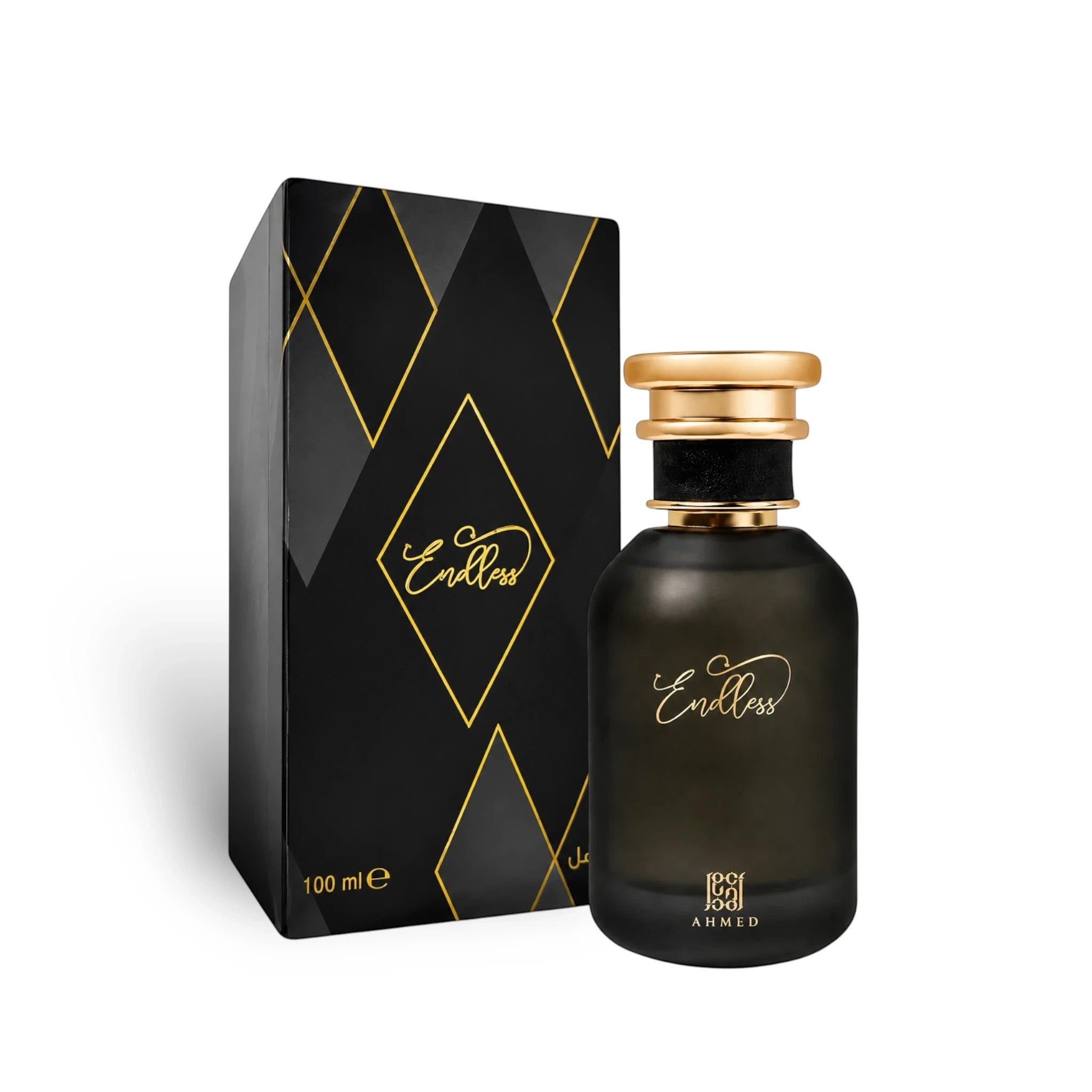 Soghaat Endless 100ml Eau de Parfum bottle and box, featuring a dark glass bottle with gold accents and a black box with gold geometric patterns.