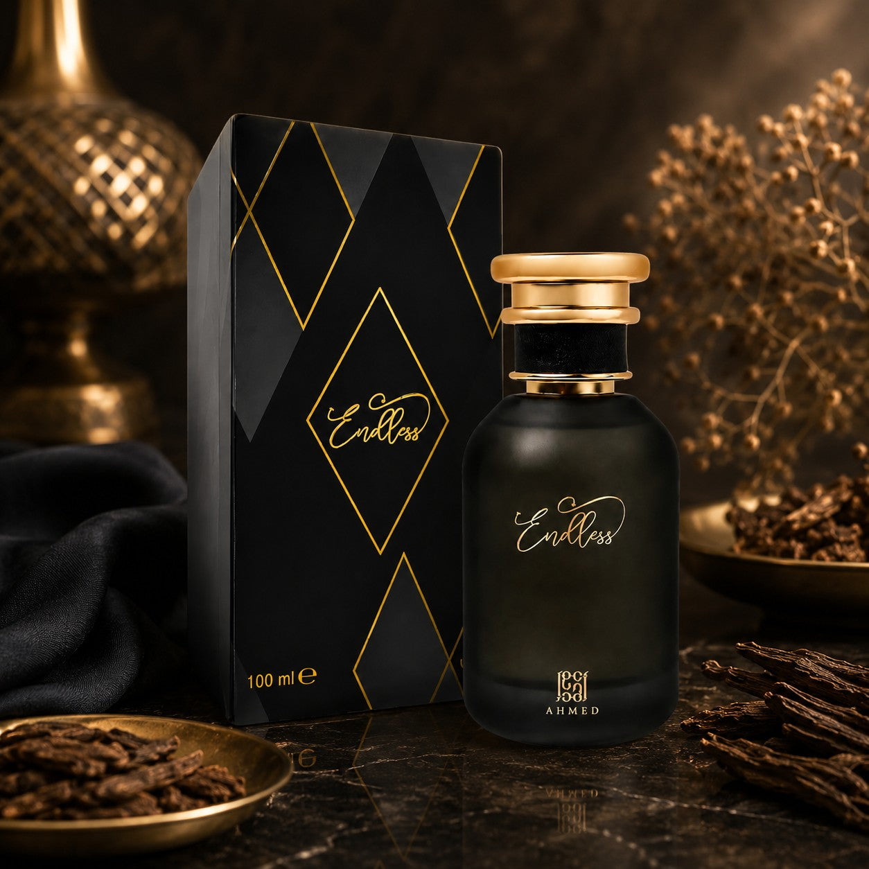 Soghaat Endless Eau de Parfum 100ml, a dark matte bottle with gold accents and matching box, featuring woody aromatic notes.