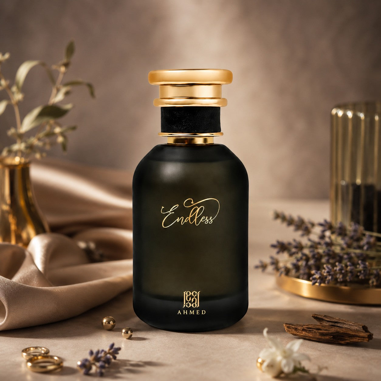Soghaat Endless Eau de Parfum 100ml, a dark glass bottle with gold accents and a black band, featuring a fresh woody aromatic scent.
