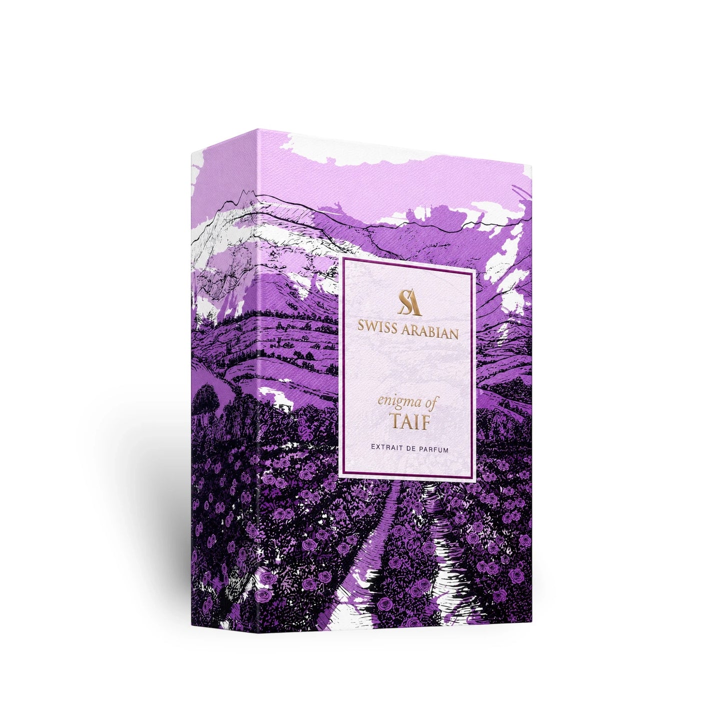 Soghaat Swiss Arabian Enigma of Taif Extrait de Parfum box featuring a purple landscape illustration of Taif roses.