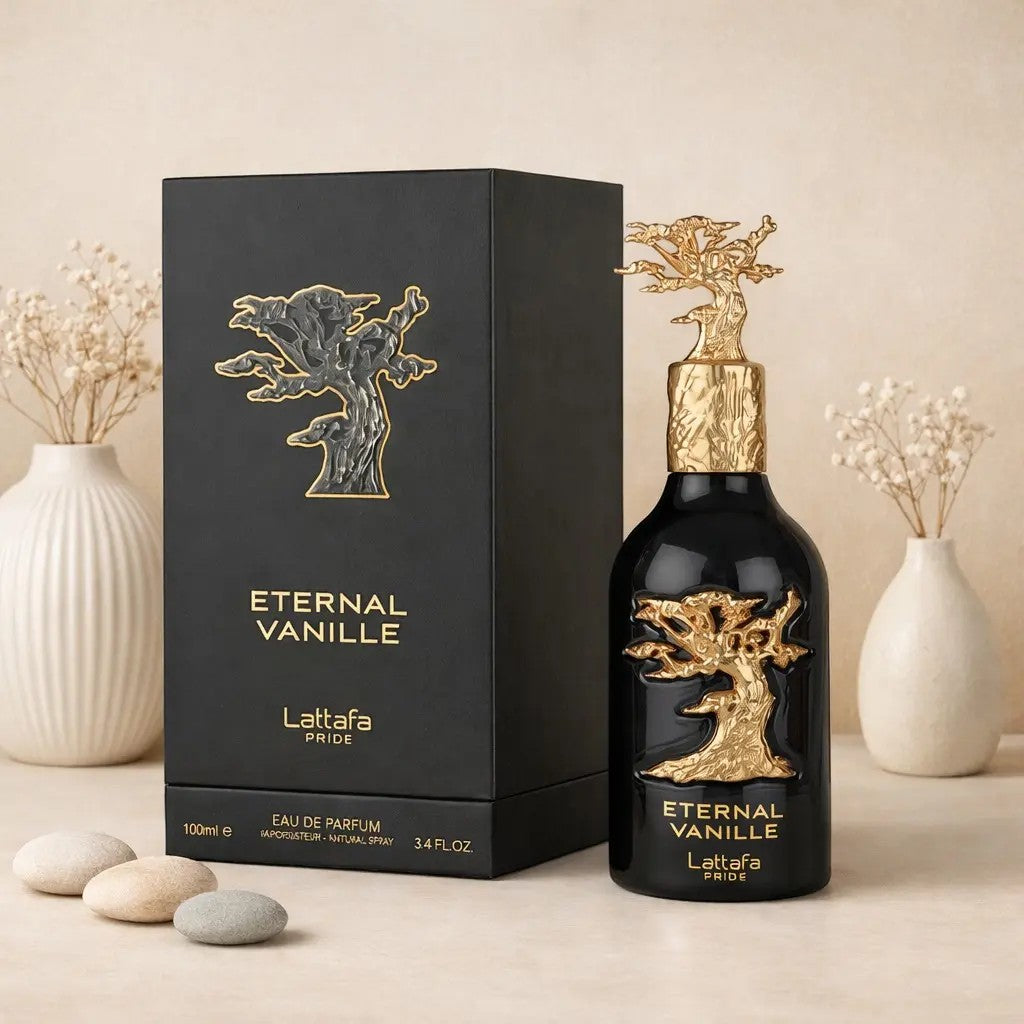 Soghaat Eternal Vanille Eau de Parfum 100ml, a unisex gourmand and woody fragrance with a black bottle and gold tree emblem.