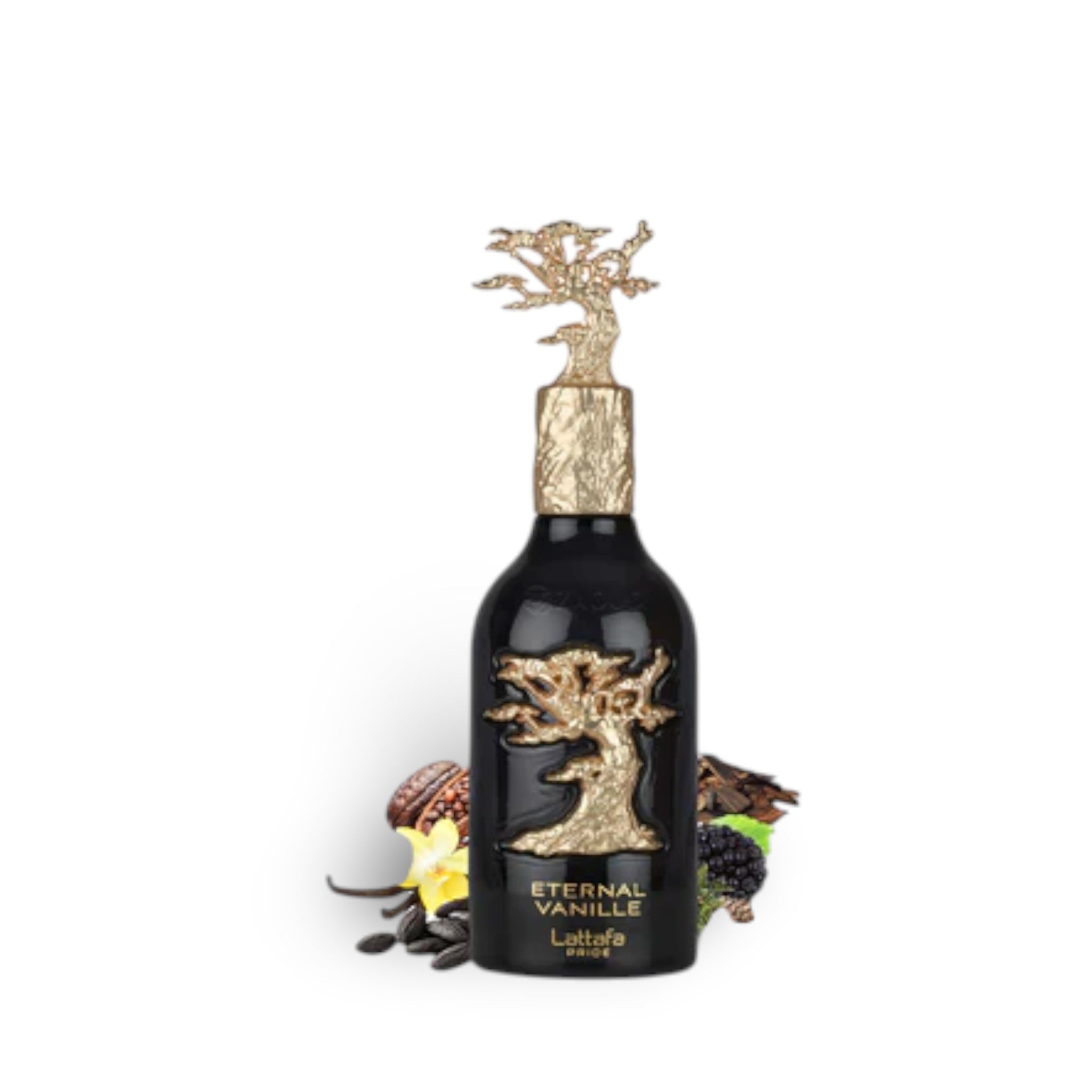 Soghaat Eternal Vanille Eau de Parfum bottle with gold tree emblem, surrounded by vanilla beans, cacao pods, blackberries, and wood chips.