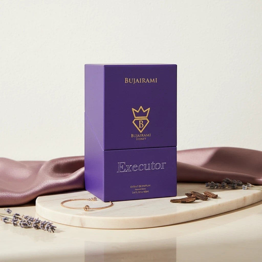 Soghaat Executor 100ml Extrait de Parfum for men in a purple box with gold lettering. Fresh woody aromatic notes.