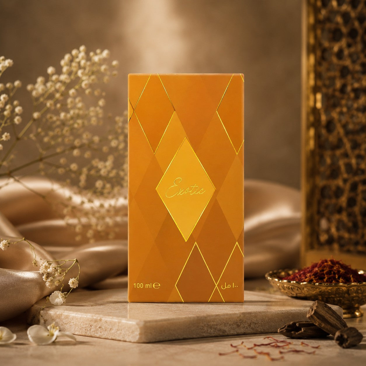 Soghaat Exotic 100ml Eau de Parfum bottle with a warm amber geometric design, featuring gold accents and script.
