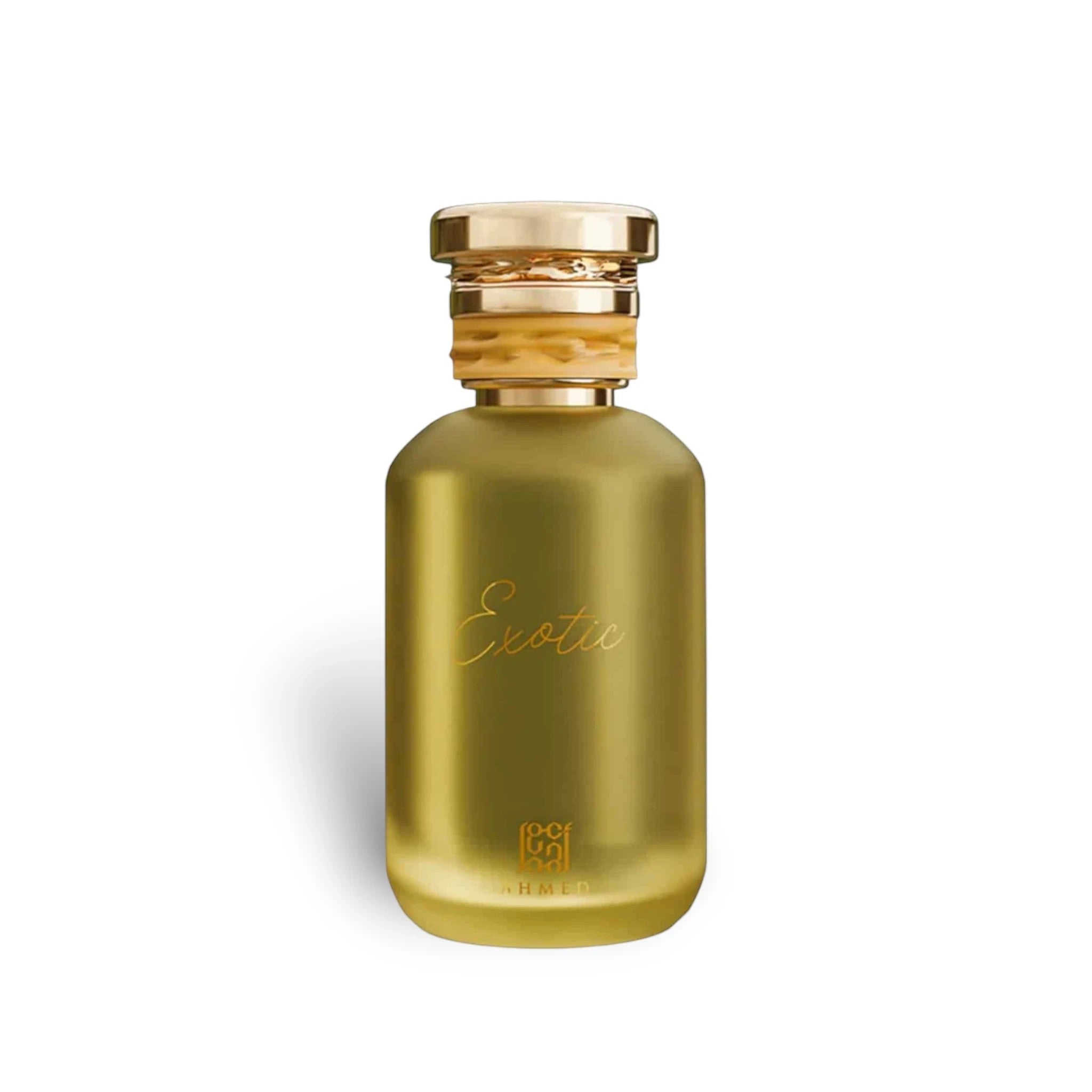 Soghaat Exotic Eau de Parfum in a matte gold bottle with a gold cap. Fresh woody aromatic fragrance.