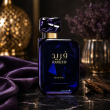 Soghaat Fareed by RiiFFS Eau de Parfum in a deep blue glass bottle with gold accents on a dark marble surface.