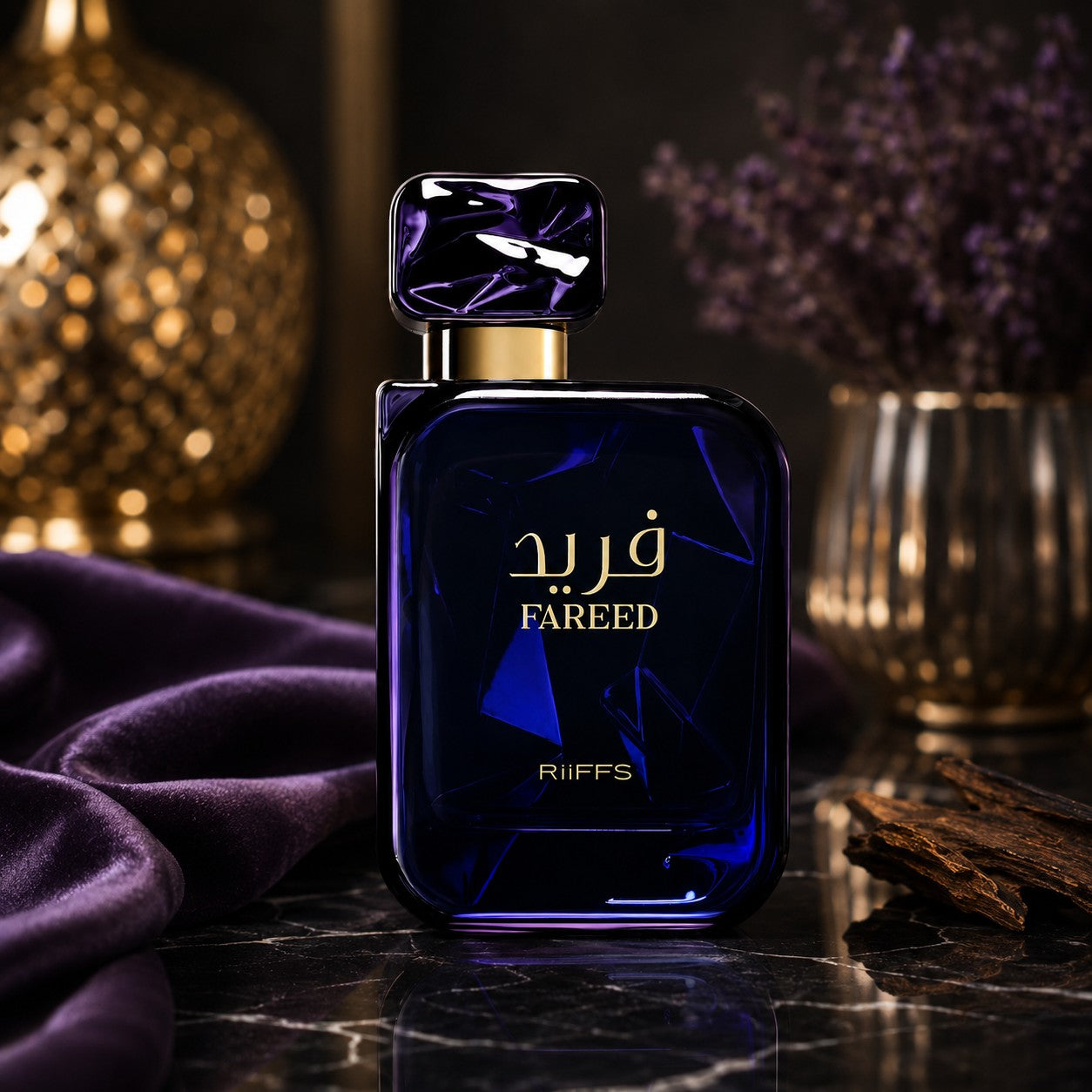 Soghaat Fareed by RiiFFS Eau de Parfum in a deep blue glass bottle with gold accents on a dark marble surface.