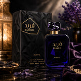 Soghaat Fareed by RiiFFS 100ml Eau de Parfum for men in a deep blue glass bottle with a matching geometric box.