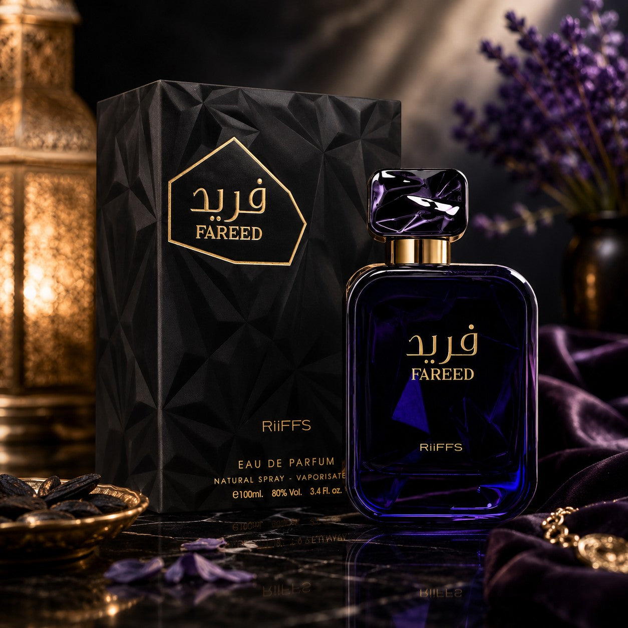Soghaat Fareed by RiiFFS 100ml Eau de Parfum for men in a deep blue glass bottle with a matching geometric box.