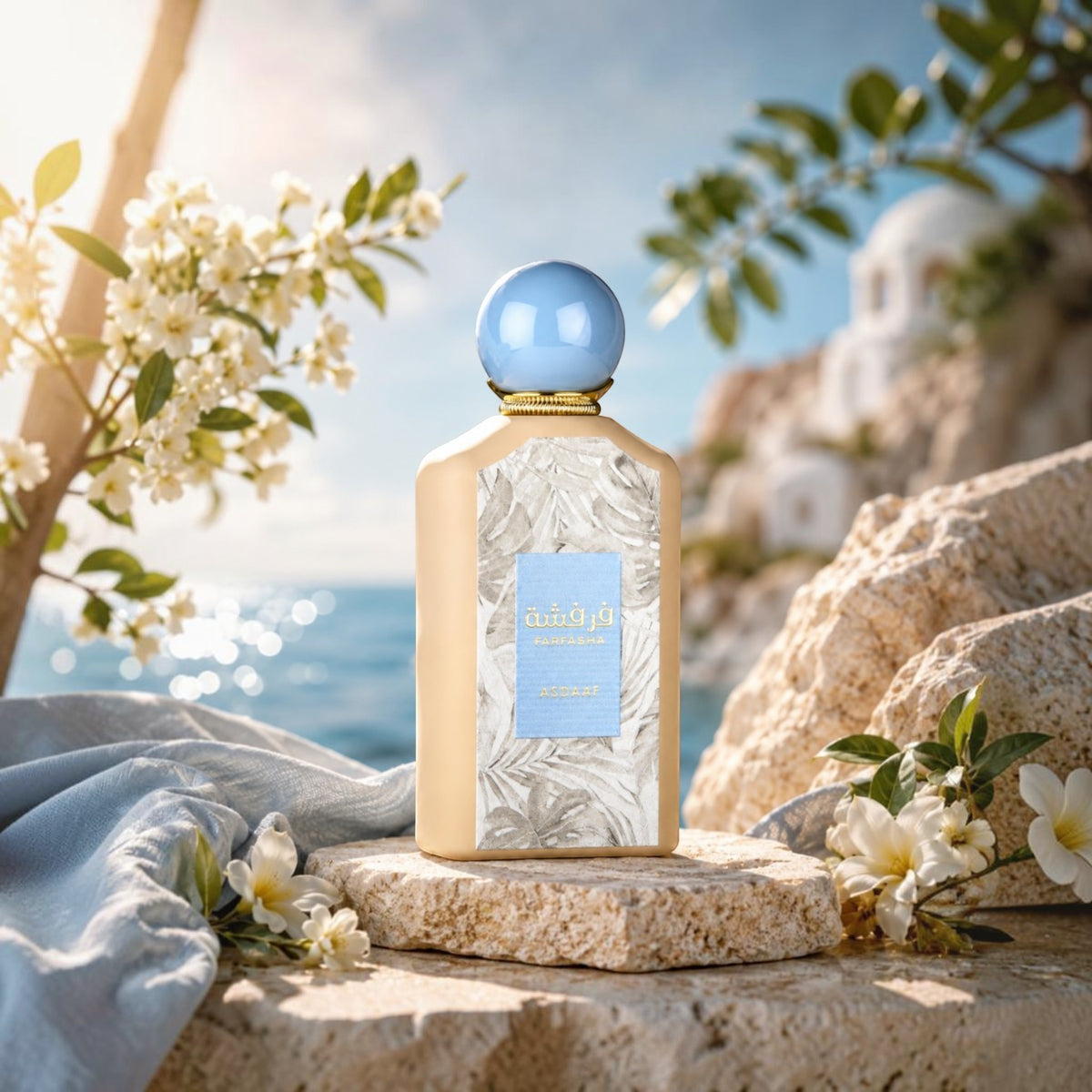 Soghaat Farfasha Eau de Parfum by Asdaaf featuring a light bottle with leaf print, blue cap, and floral background.