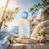 Soghaat Farfasha Eau de Parfum by Asdaaf featuring a light bottle with leaf print, blue cap, and floral background.