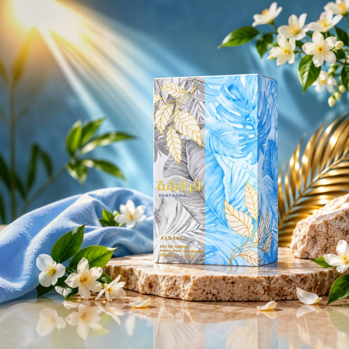 Soghaat Farfasha by Asdaaf 100ml Eau de Parfum box featuring blue and white tropical leaf design with floral accents.
