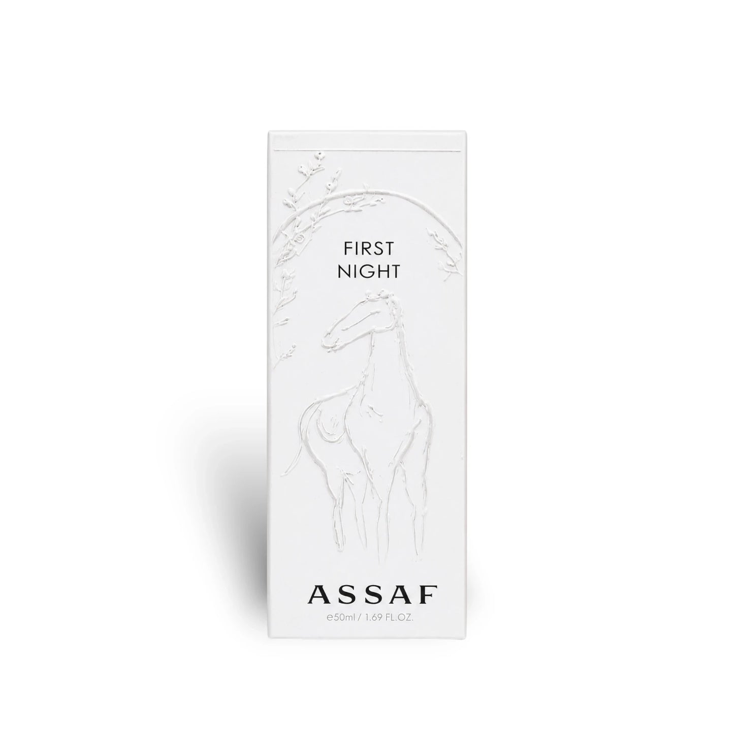 Soghaat First Night Eau de Parfum 150ml bottle with embossed horse and floral design. Sweet amber gourmand fragrance.