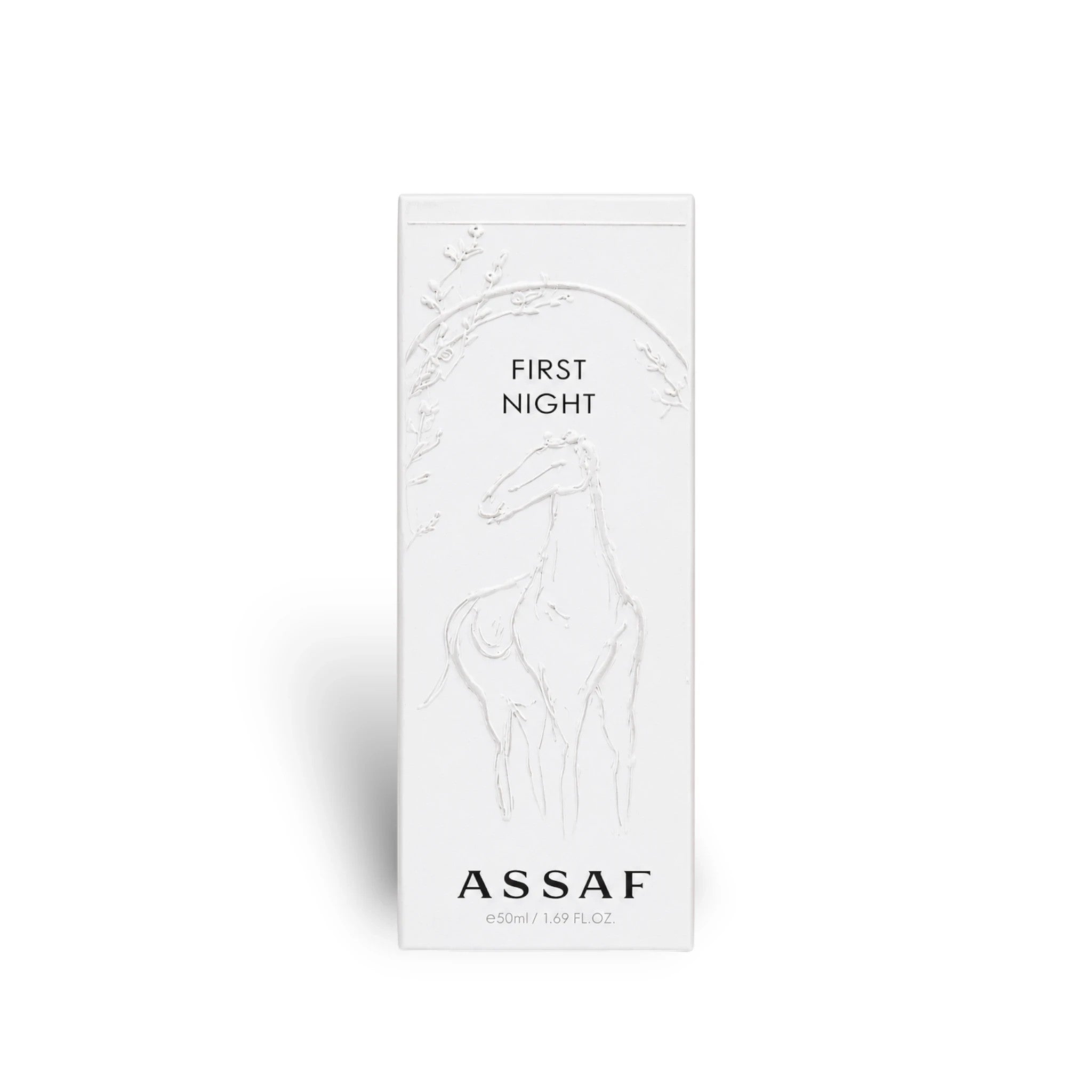 Soghaat First Night Eau de Parfum 150ml bottle with embossed horse and floral design. Sweet amber gourmand fragrance.