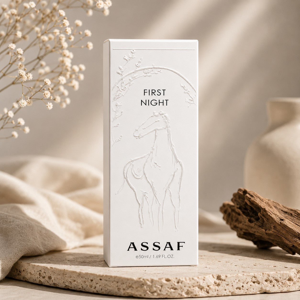 Soghaat First Night Eau de Parfum 150ml, white box with embossed horse and floral design.