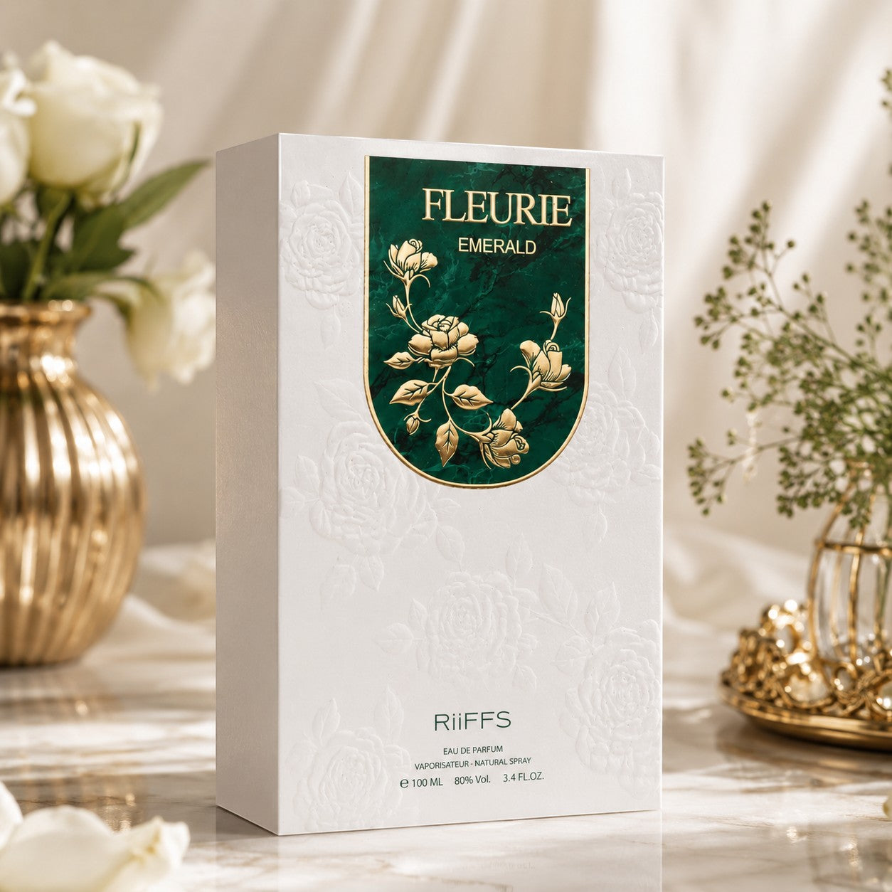 Soghaat Fleurie Emerald by RiiFFS 100ml Eau de Parfum in a white embossed floral box with a green marble label.